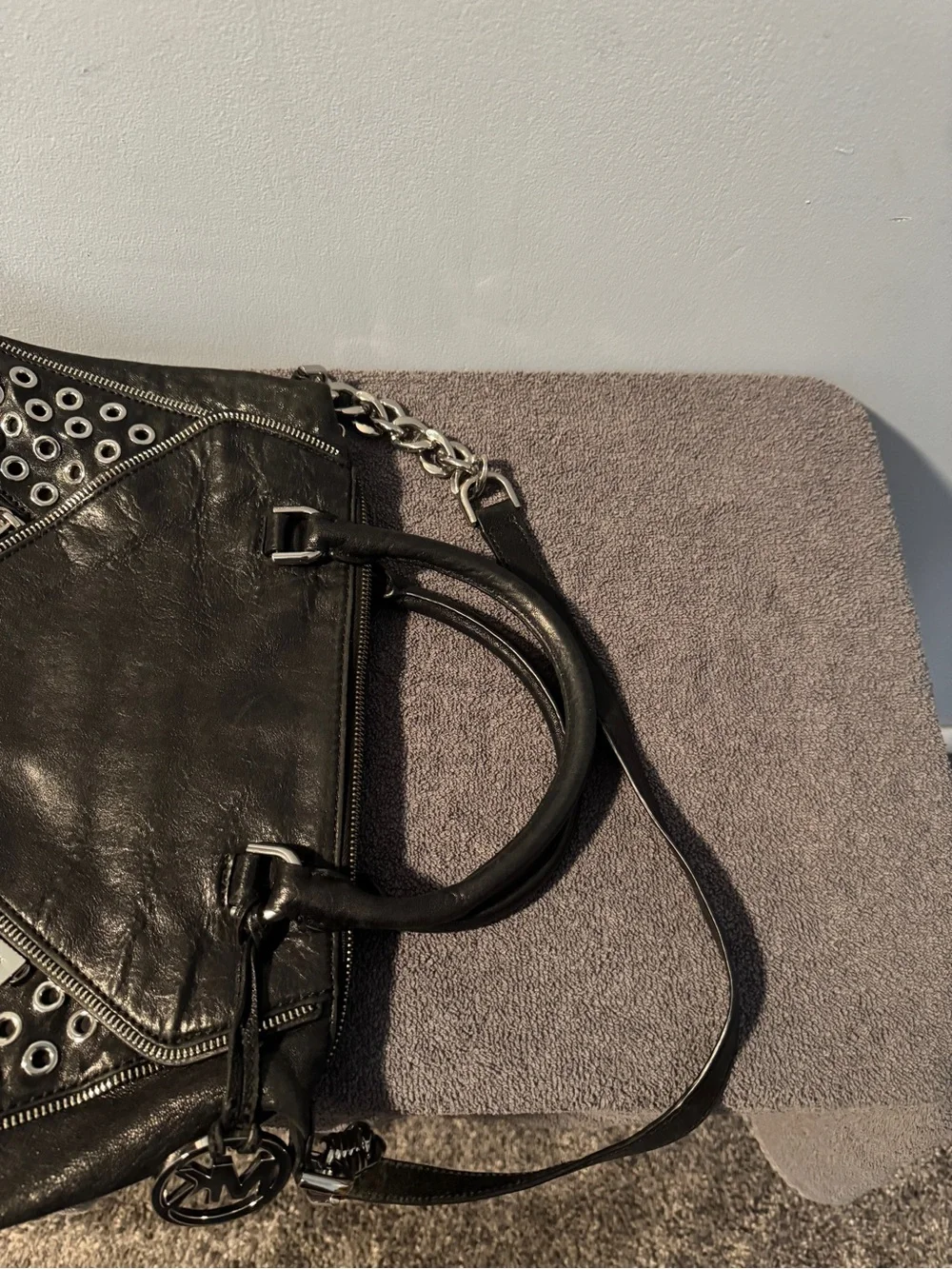 Michael Kors Black Leather Eyelet Satchel with MK Charm